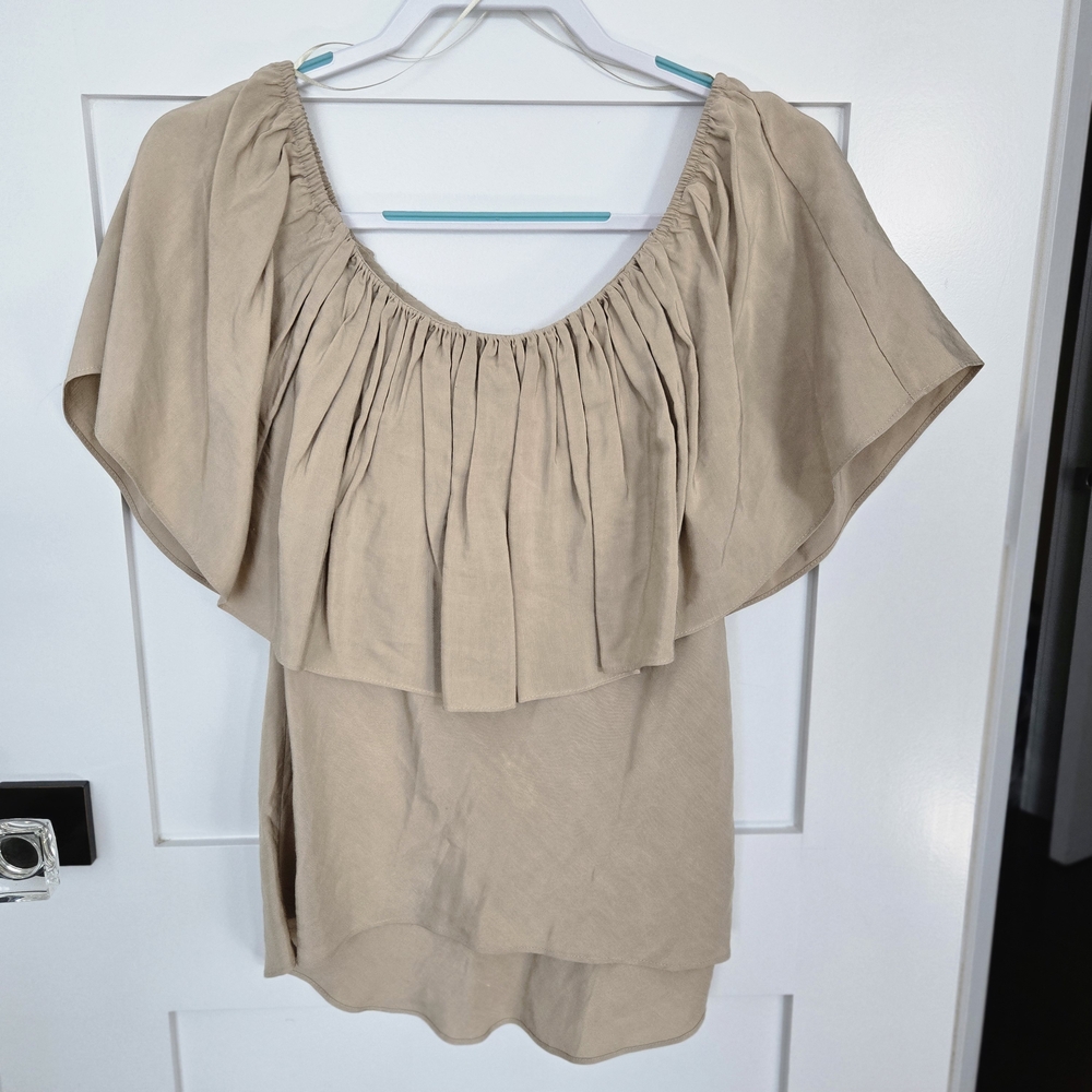 NWT Zara Camel Color Off The Shoulder Shirt With Ruffle Size XS Elastic Neckline